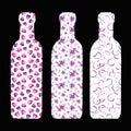 Bottles for wine or drink with watercolor patterns. Hand watercolor illustration isolated on a black background. For the design of Royalty Free Stock Photo