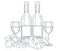 Bottles of wine, wine in glasses, cheese and grape. Lineart, outline only.