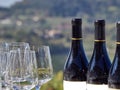 Bottles of wine and glasses with the Langhe countryside in the b Royalty Free Stock Photo