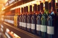 Bottles of wine in a grocery store in a close-up shot, macro shot - made with Generative AI tools Royalty Free Stock Photo