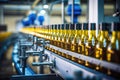 Bottles of wine move in a neat row on a conveyor belt, Process of beverage manufacturing on a conveyor belt at a factory, AI