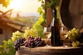 Bottles And Wineglasses With Grapes And Barrel In Rural Scene Royalty Free Stock Photo