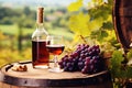 Bottles And Wineglasses With Grapes And Barrel In Rural Scene Royalty Free Stock Photo
