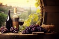 Bottles And Wineglasses With Grapes And Barrel In Rural Scene Royalty Free Stock Photo