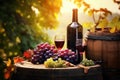 Bottles And Wineglasses With Grapes And Barrel In Rural Scene Royalty Free Stock Photo