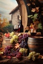 Bottles And Wineglasses With Grapes And Barrel In Rural Scene Royalty Free Stock Photo