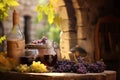 Bottles And Wineglasses With Grapes And Barrel In Rural Scene Royalty Free Stock Photo