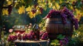 Bottles, wineglasses, grapes, and barrel in rustic rural setting evoke countryside charm. Ai Generated Royalty Free Stock Photo