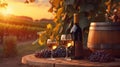 Bottles and wineglasses with grapes and barrel in vineyard scene background Royalty Free Stock Photo