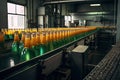 Bottling line of orange juice in bottles on a conveyor belt, A beverage plant factory interior view with a conveyor system, AI Royalty Free Stock Photo