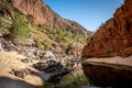 Bottom landscape view of Ormiston gorge in the West MacDonnell Ranges with waterhole and cliffs in outback Australia Royalty Free Stock Photo