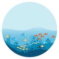 The bottom of the ocean with seaweed and fish. Sea underwater background with different fish. Marine scene with algae and corals.