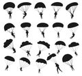 Bottom profile silhouette of sky diver with open parachute Silhouettes Royalty Free Stock Photo