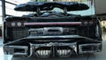 Bottom rear view junkyard masterwork replica of Bugatti Chiron sport car made of scrap metal parts