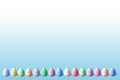 Bottom row of 3d pastel colored easter eggs yellow background and 5 big eggs illustration Royalty Free Stock Photo