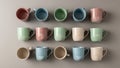 The bottom row features mugs in soft pastel hues with minimalist Royalty Free Stock Photo