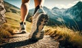 Running sneaker shoe sole on hard rocky terrain on mountain path during ultra trail marathon race, athletic man, trained