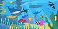 Bottom sea or ocean with corals reef, tropical fish, sharks, whales and rays. Vector illustration of underwater marine landscape