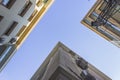 Bottom shot of reinforced concrete constructed residential building silhouettes of narrow street in Izmir at Turkey