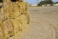 Bottom of a stack of Rectangular dry hay bales