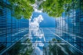 Bottom-up perspective view of modern office building with glass walls against the blue sky. Tall trees and the sky with Royalty Free Stock Photo