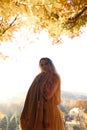 Bottom view of beautiful playful woman surrounded by yellow leaves on background of autumn forest and sky Royalty Free Stock Photo