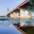 Bottom view of cable-stayed bridge over river, Kyiv, Ukraine