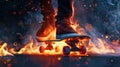 Bottom view camera shot of a skate jumping, against a dark background illuminated by fire. Royalty Free Stock Photo
