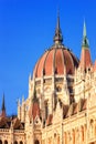 Bottom view closeup of the dome and upper central part of the Hungarian Parliament Building on a summer day in Budapest Royalty Free Stock Photo