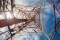 Bottom view of a communication tower. Royalty Free Stock Photo