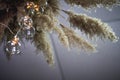 Bottom view composition of reeds and a garland of light bulbs, selective focus