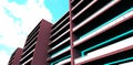 Bottom view of the contemporary apartment building with long balconies fenced with glass. Turquoise illumination as a decor. 3d