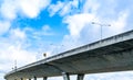 Bottom view of elevated concrete highway. Overpass concrete road. Road flyover structure. Modern motorway. Transportation Royalty Free Stock Photo