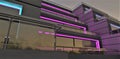 Bottom view of the facade of a futuristic apartment building illuminated in purple. Looks great against the background of the