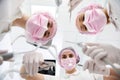 Bottom view of female dentists and dental asistant in pink protective mask holding sterile tools for a dental examination and