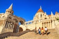 Bottom view of the Fisherman`s Bastion with staircase. Popular tourist attraction in Budapest