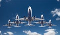 Bottom View of Five Passenger Airplanes Flying In Formation In The Sky