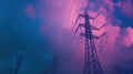 bottom view of high-voltage poles with wires on a cloudy sky in lilac-violet tones Royalty Free Stock Photo