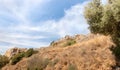 Bottom view of the hill with ruins of the fortress walls of the medieval fortress of Nimrod - Qalaat al-Subeiba, located near the