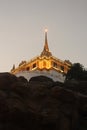 Bottom view of illuminated Wat Saket at dusk, also known as Golden Mount. Bangkok, Thailand. Royalty Free Stock Photo