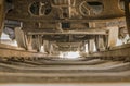 Bottom view of a locomotive between the rails and wheels in Asukayama park in Kita district of Tokyo, Japan. Royalty Free Stock Photo