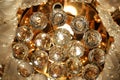 Bottom view of a luxurious crystal chandelier on the ceiling. Close-up. Royalty Free Stock Photo