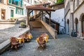 Bottom view of market stairs street an old covered stairway landmark of Lausanne city Switzerland Royalty Free Stock Photo