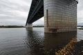 Bottom view of modern automobile bridge over Kamchatka River. Russian Far East, Kamchatka Peninsula