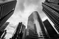 Bottom view of Modern business skyscrapers. Concepts of banking, financial, economics, future. Monochrome black and white color