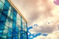 Bottom view of modern glass blue business centre architecture. Royalty Free Stock Photo