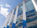 Bottom view of the modern roof and walls of the new stadium in Nizhny Novgorod. Blue and White shades