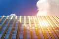 Bottom view of modern skyscrapers in business district against blue sky Royalty Free Stock Photo