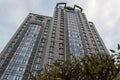 Bottom view of modern skyscrapers in business district against blue sky Royalty Free Stock Photo