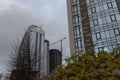 Bottom view of modern skyscrapers in business district against blue sky Royalty Free Stock Photo